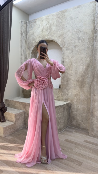 BACK DETAIL WAIST ROSE DESIGN CHIFFON EVENING DRESS