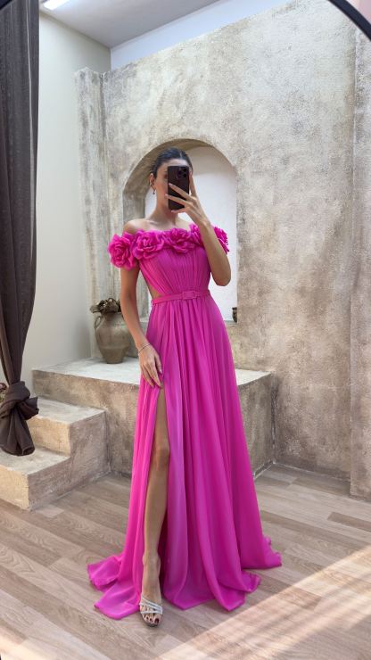 STRAPLESS CHEST ROSE WAIST DETAIL DESIGN EVENING DRESS