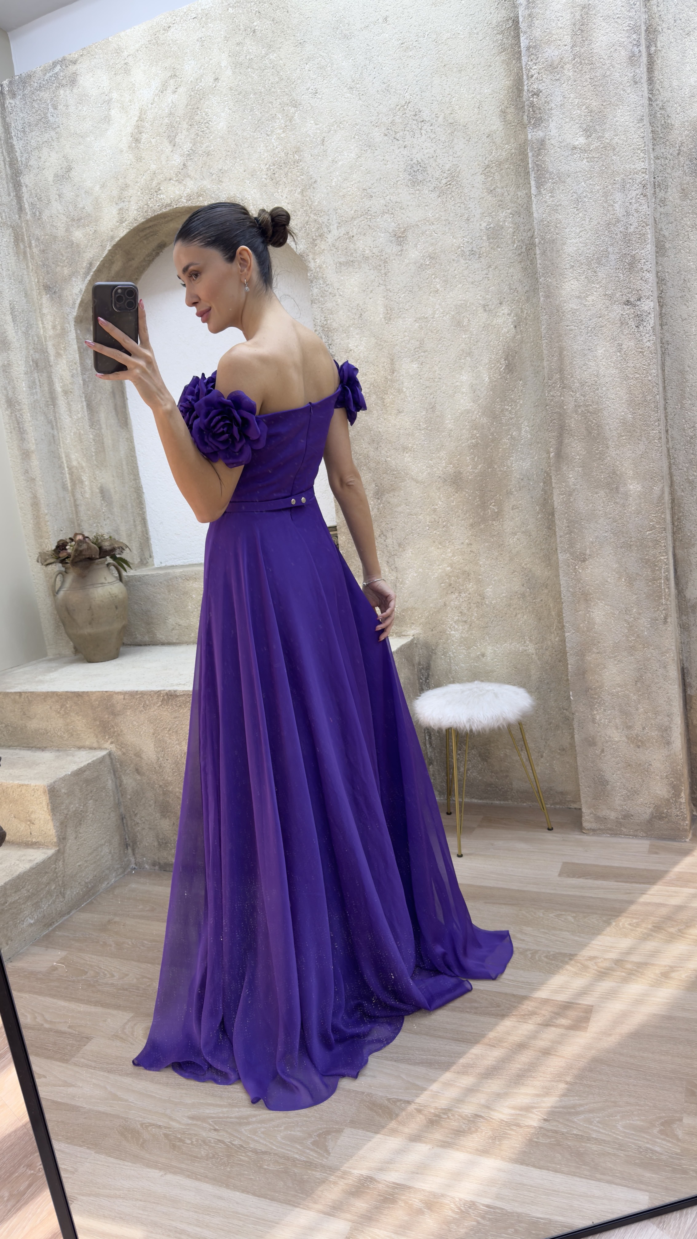 STRAPLESS CHEST ROSE WAIST DETAIL DESIGN EVENING DRESS