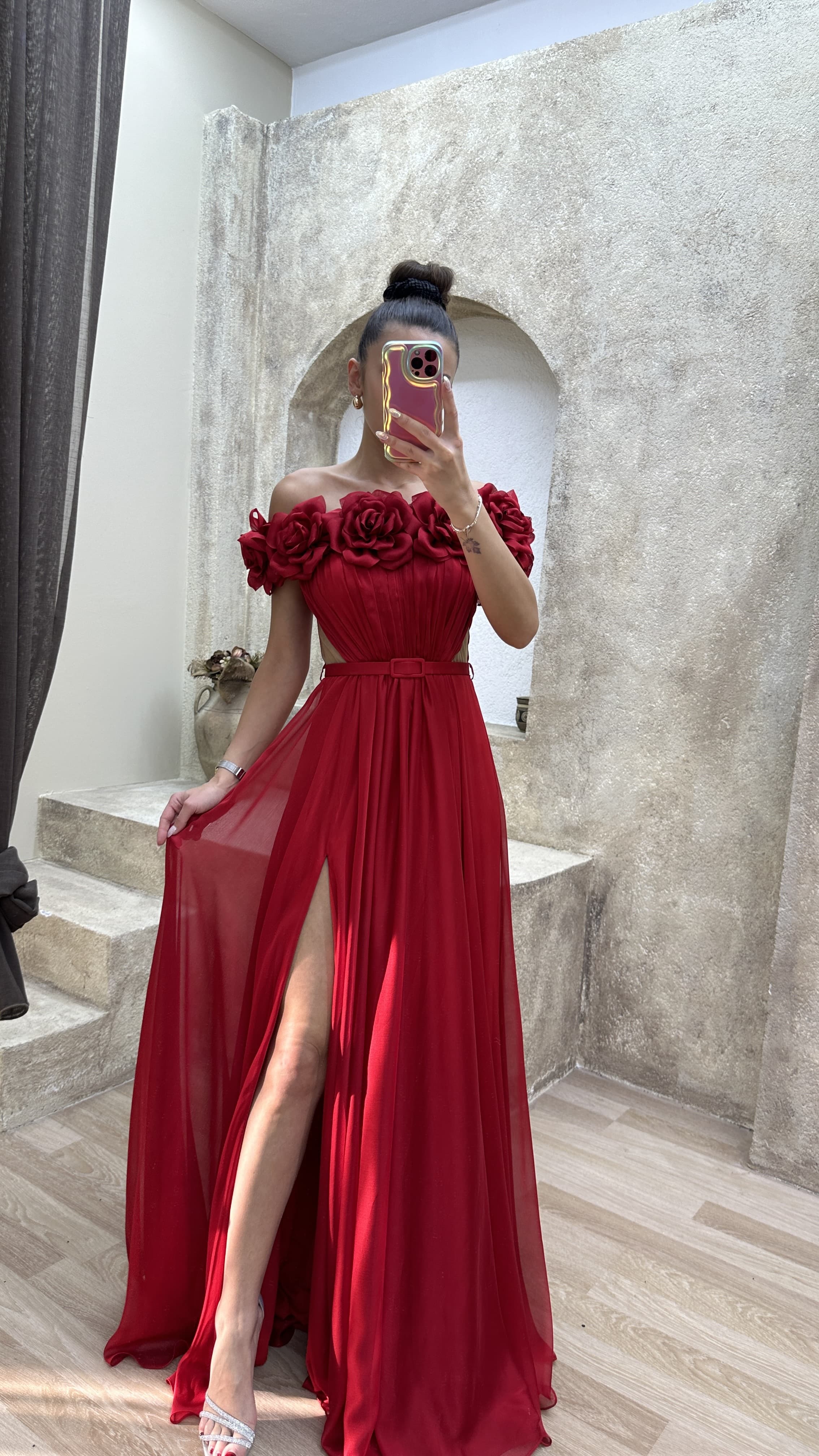 STRAPLESS CHEST ROSE WAIST DETAIL DESIGN EVENING DRESS