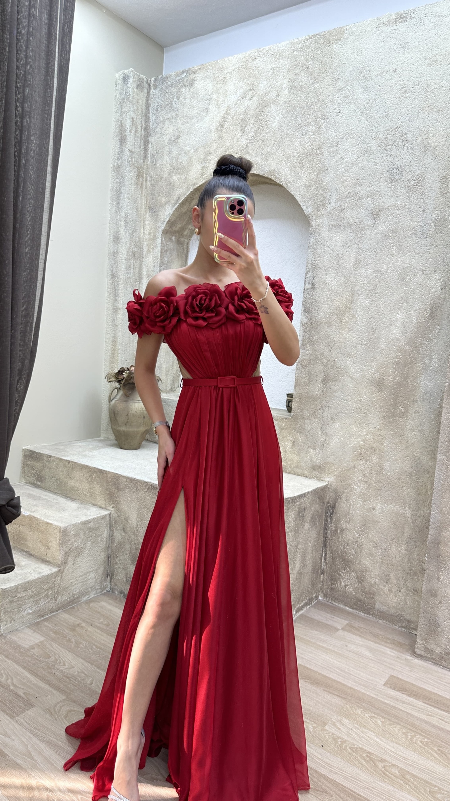 STRAPLESS CHEST ROSE WAIST DETAIL DESIGN EVENING DRESS