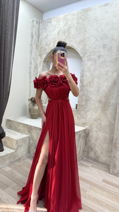 STRAPLESS CHEST ROSE WAIST DETAIL DESIGN EVENING DRESS