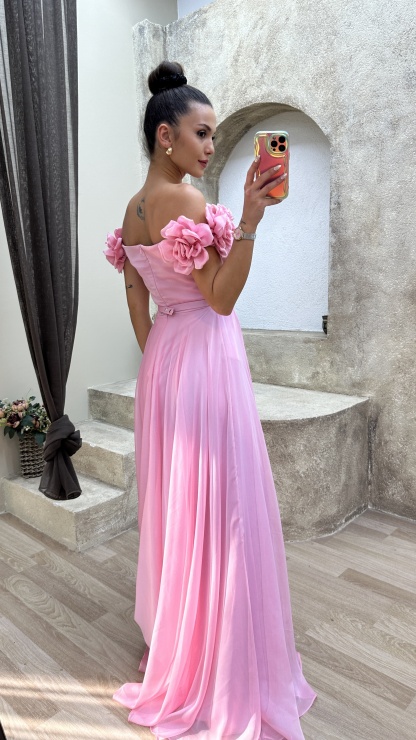 STRAPLESS CHEST ROSE WAIST DETAIL DESIGN EVENING DRESS