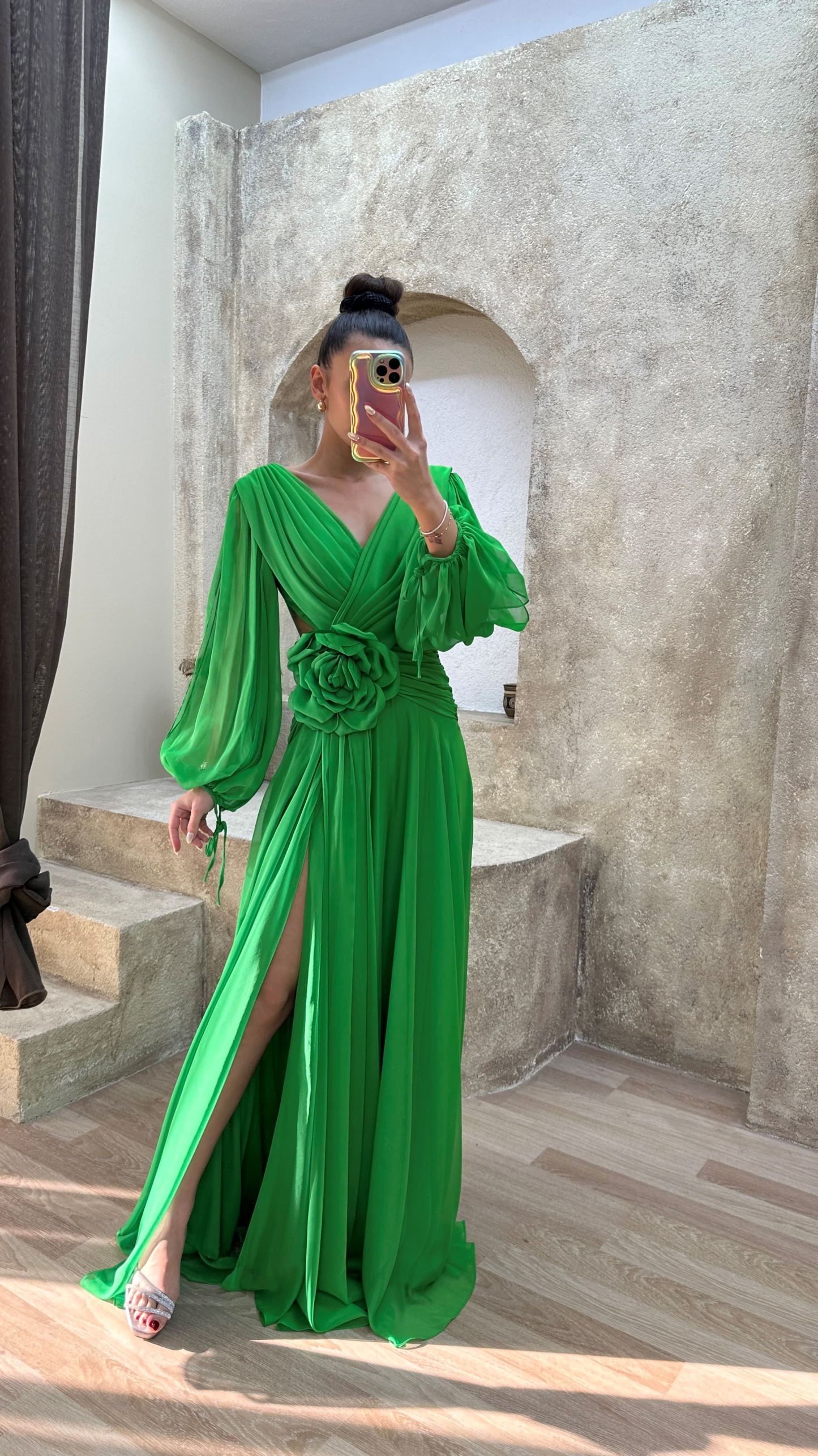 BACK DETAIL WAIST ROSE DESIGN CHIFFON EVENING DRESS