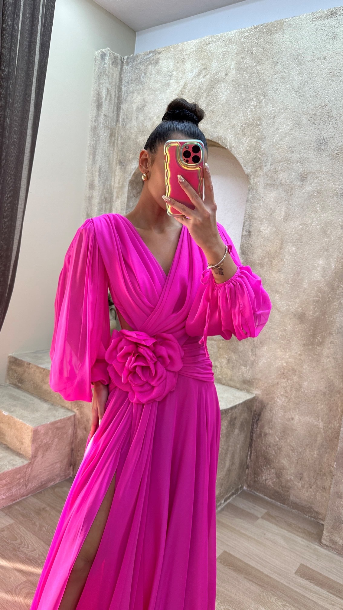 BACK DETAIL WAIST ROSE DESIGN CHIFFON EVENING DRESS