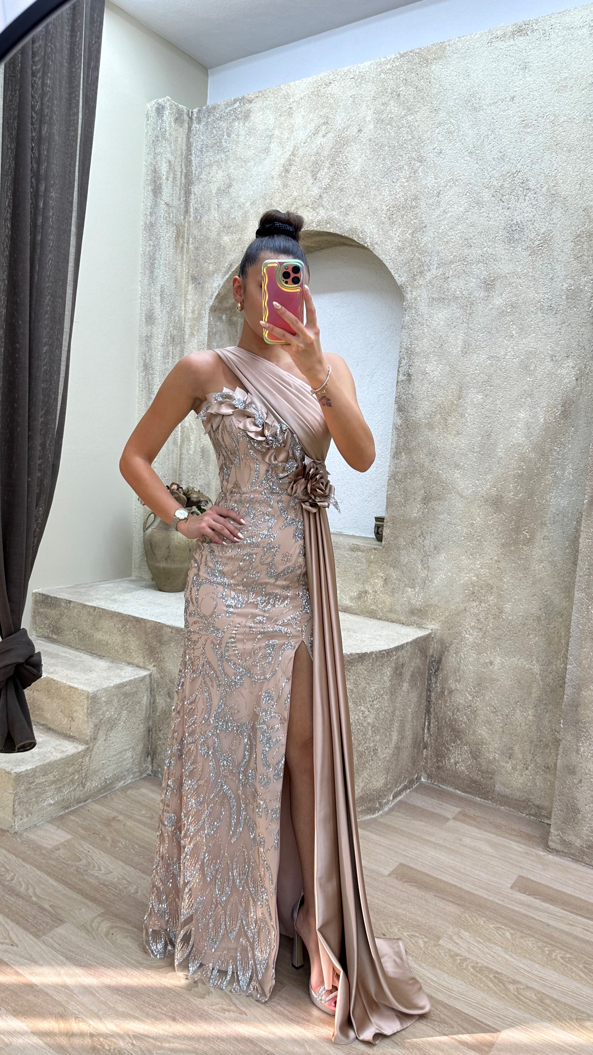 One Shoulder Waist Detail Embroidered Design Satin Dress