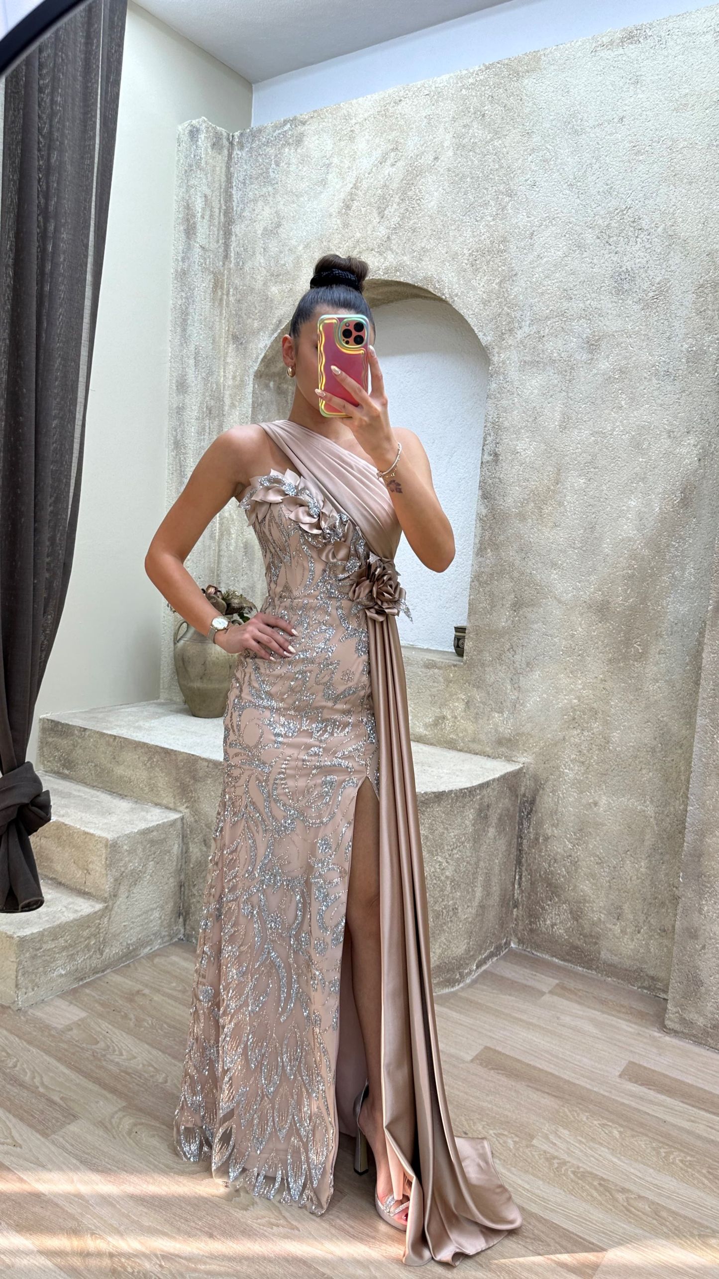 One Shoulder Waist Detail Embroidered Design Satin Dress