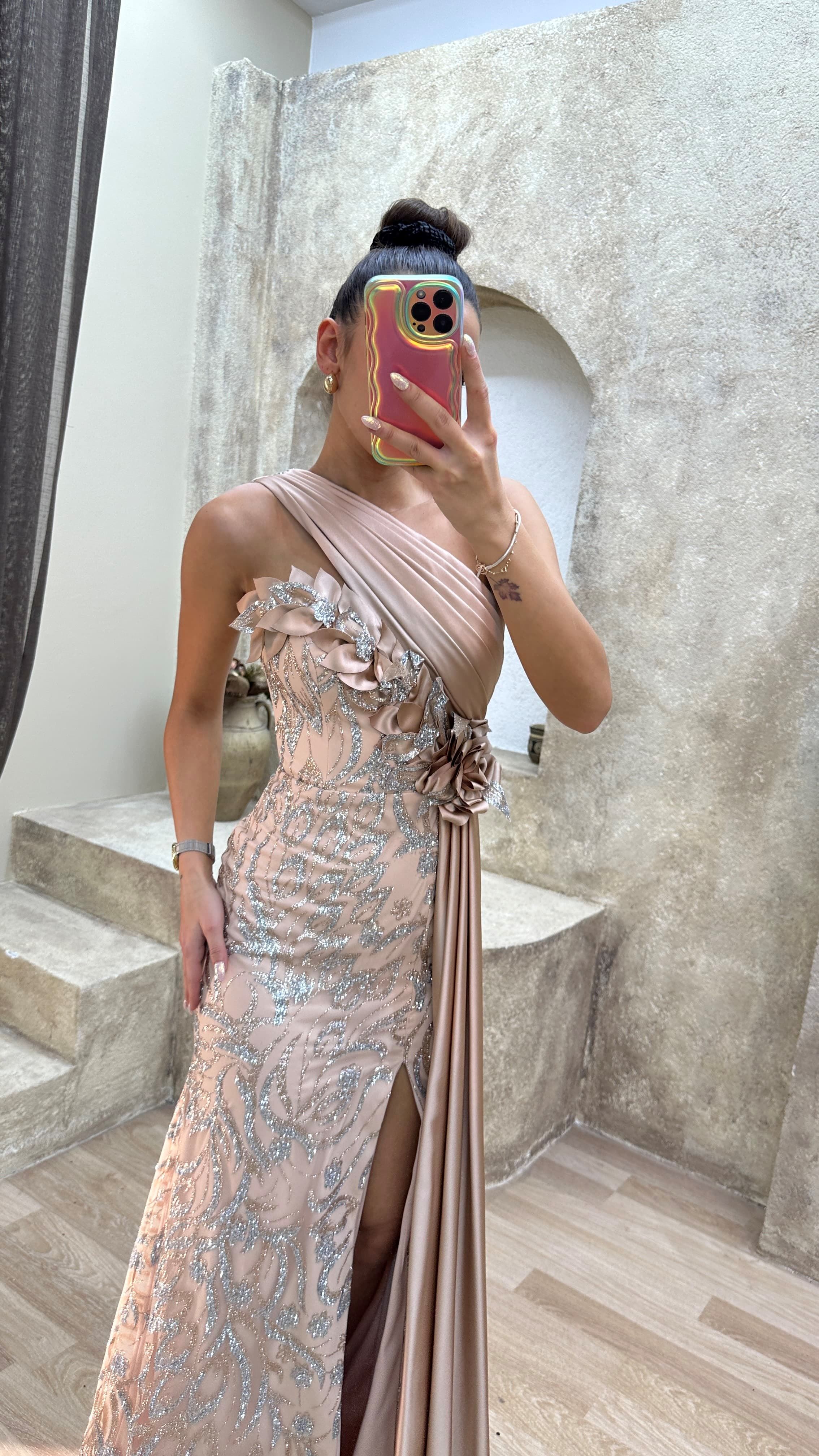 One Shoulder Waist Detail Embroidered Design Satin Dress