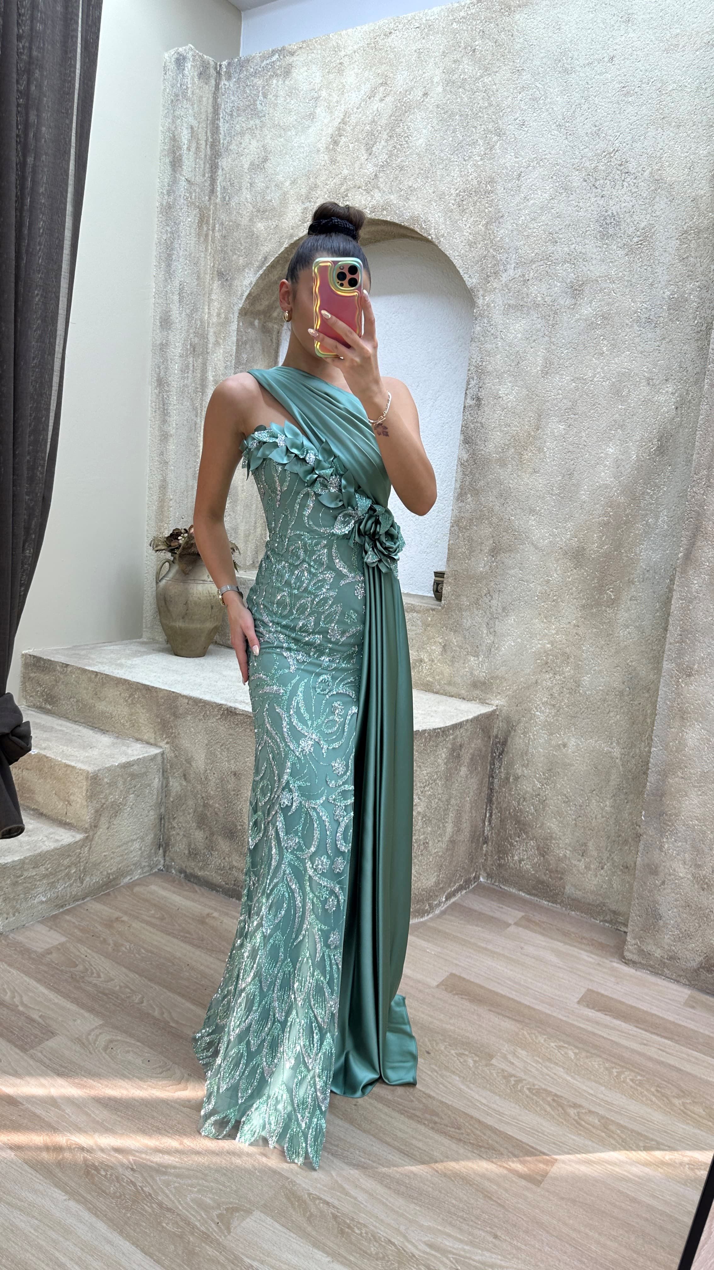 One Shoulder Waist Detail Embroidered Design Satin Dress