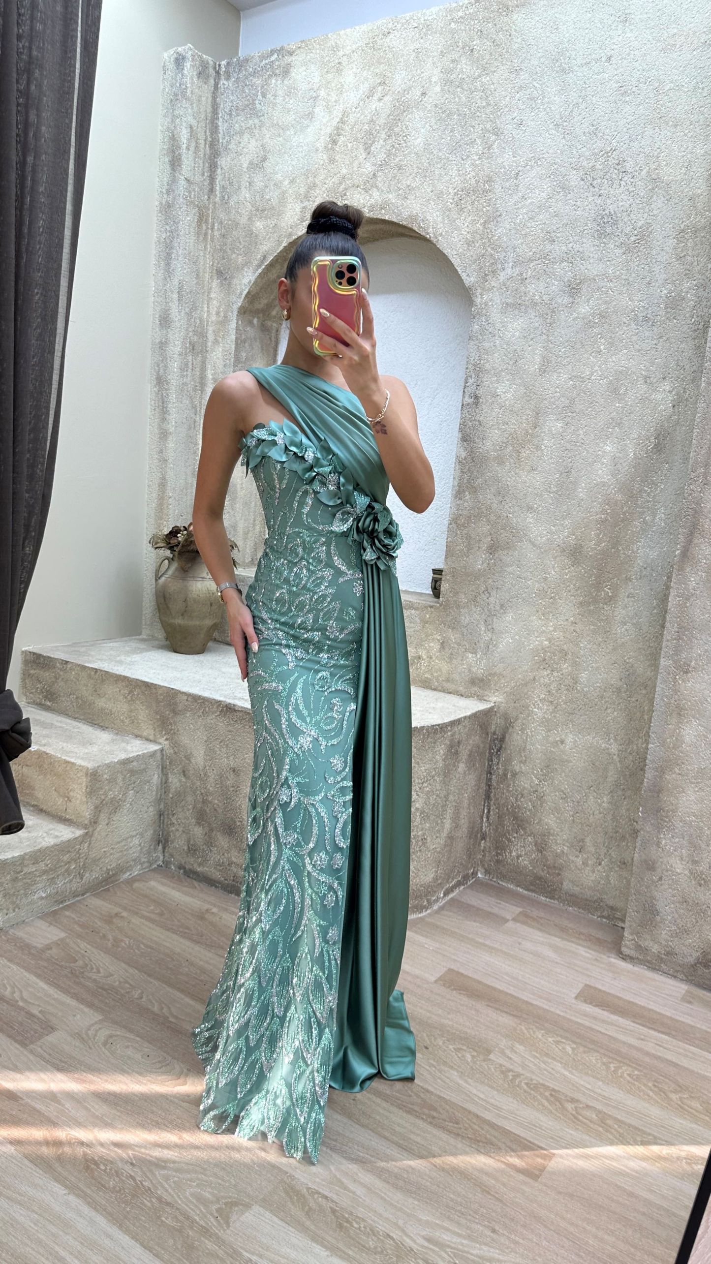 One Shoulder Waist Detail Embroidered Design Satin Dress