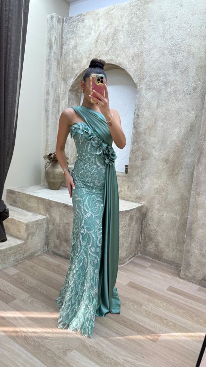 One Shoulder Waist Detail Embroidered Design Satin Dress