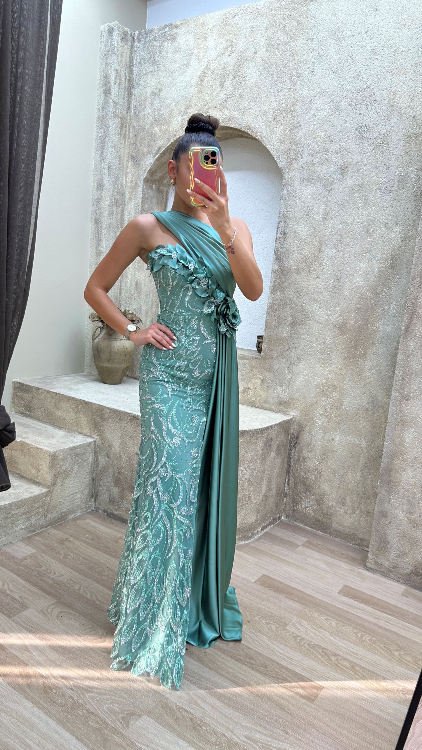 One Shoulder Waist Detail Embroidered Design Satin Dress