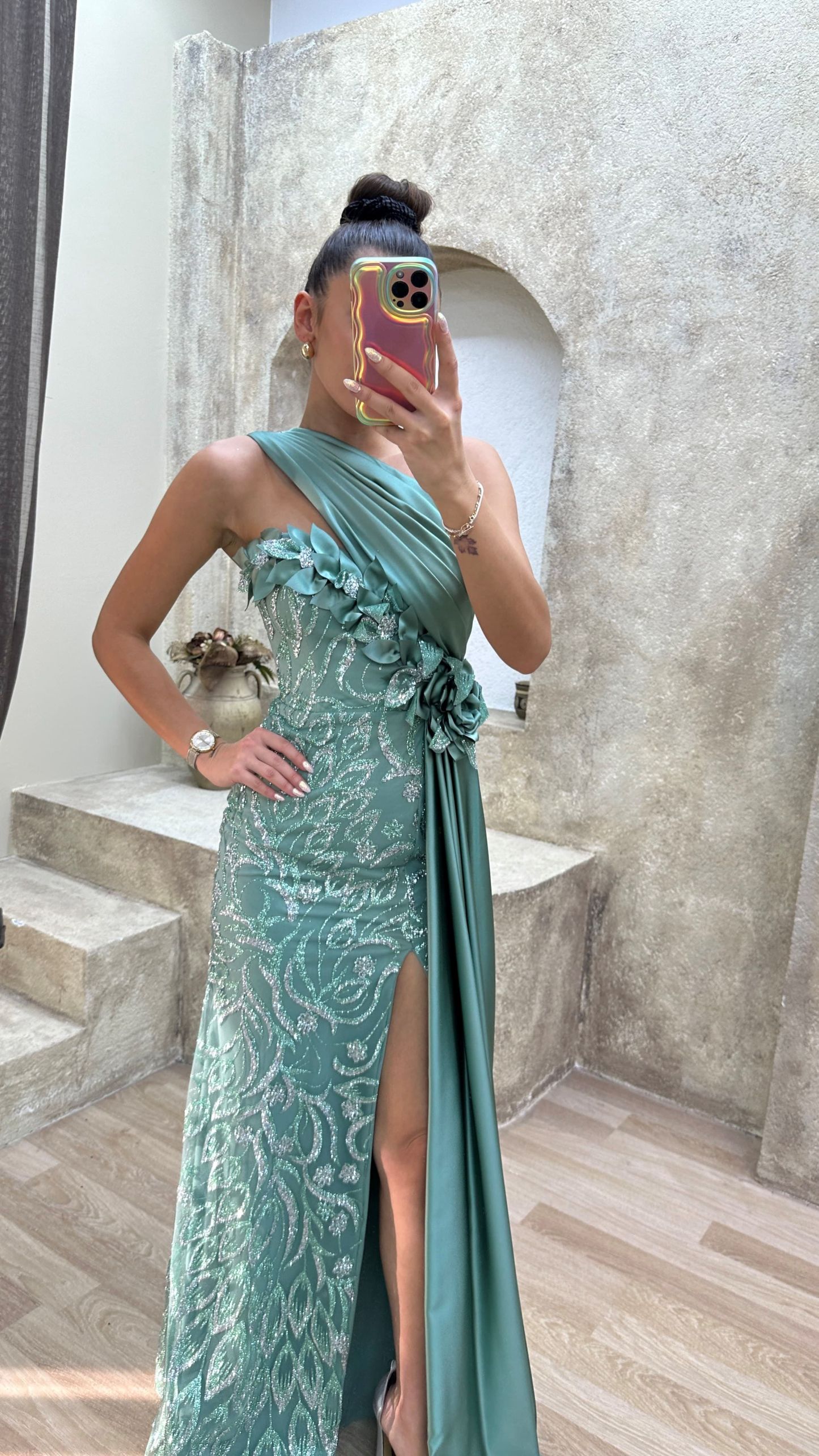 One Shoulder Waist Detail Embroidered Design Satin Dress