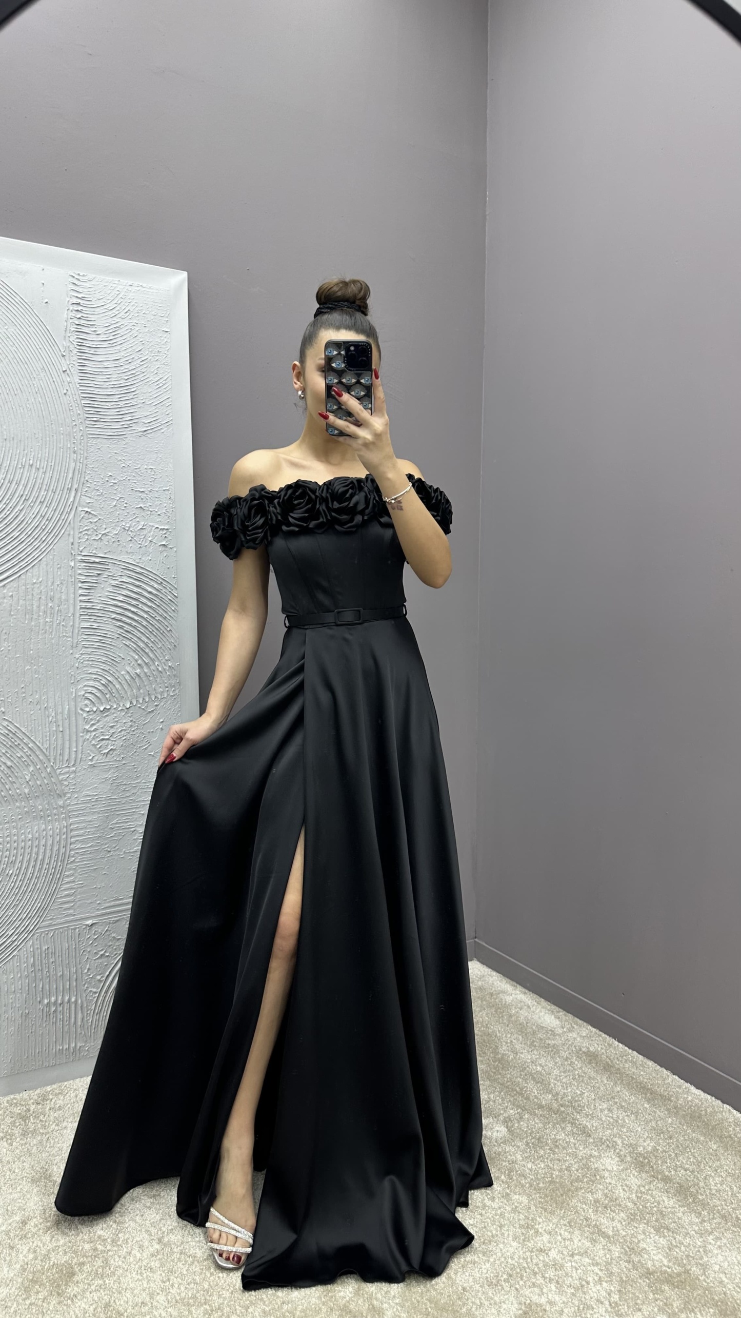 CHEST ROSE DETAIL DESIGN SATIN EVENING DRESS