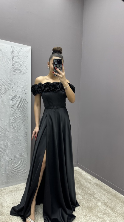 CHEST ROSE DETAIL DESIGN SATIN EVENING DRESS