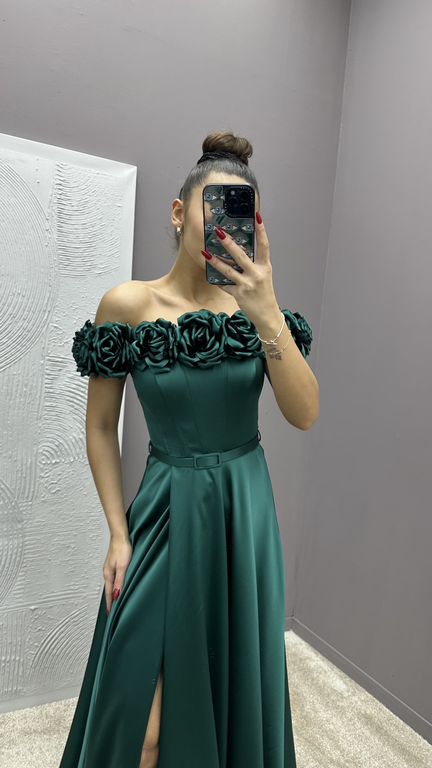 CHEST ROSE DETAIL DESIGN SATIN EVENING DRESS