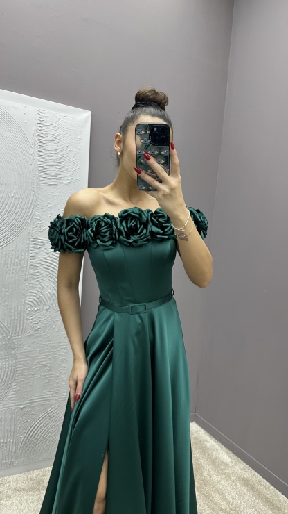 CHEST ROSE DETAIL DESIGN SATIN EVENING DRESS