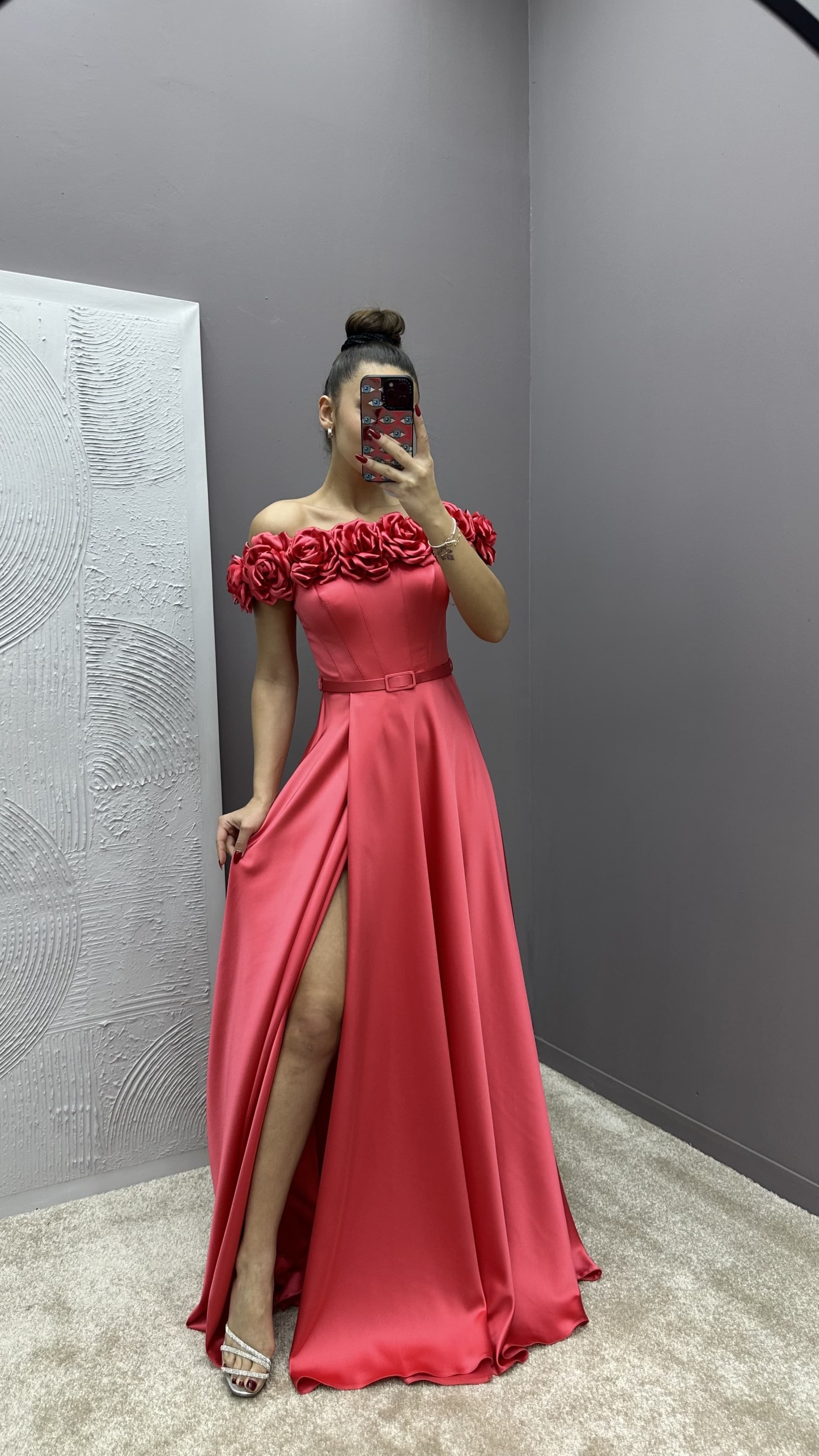 CHEST ROSE DETAIL DESIGN SATIN EVENING DRESS