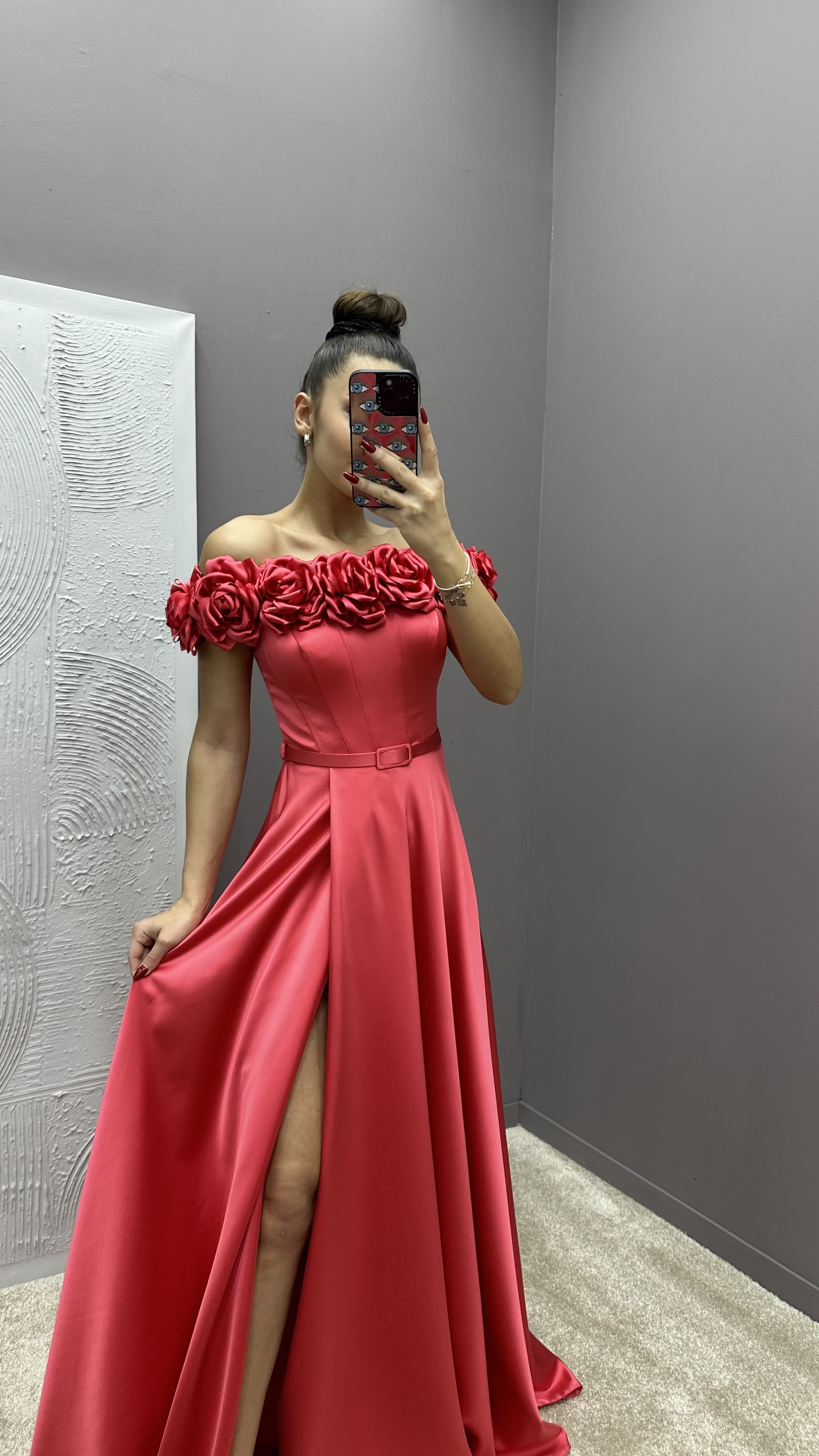 CHEST ROSE DETAIL DESIGN SATIN EVENING DRESS