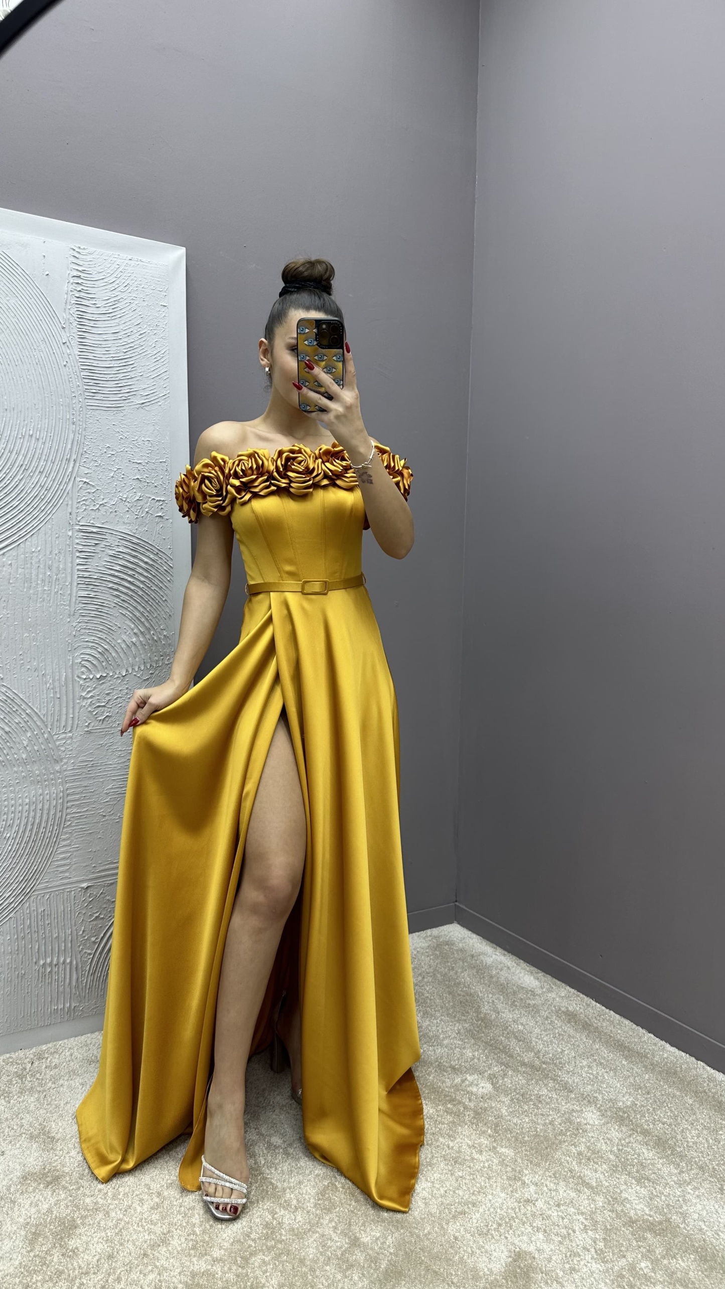 CHEST ROSE DETAIL DESIGN SATIN EVENING DRESS