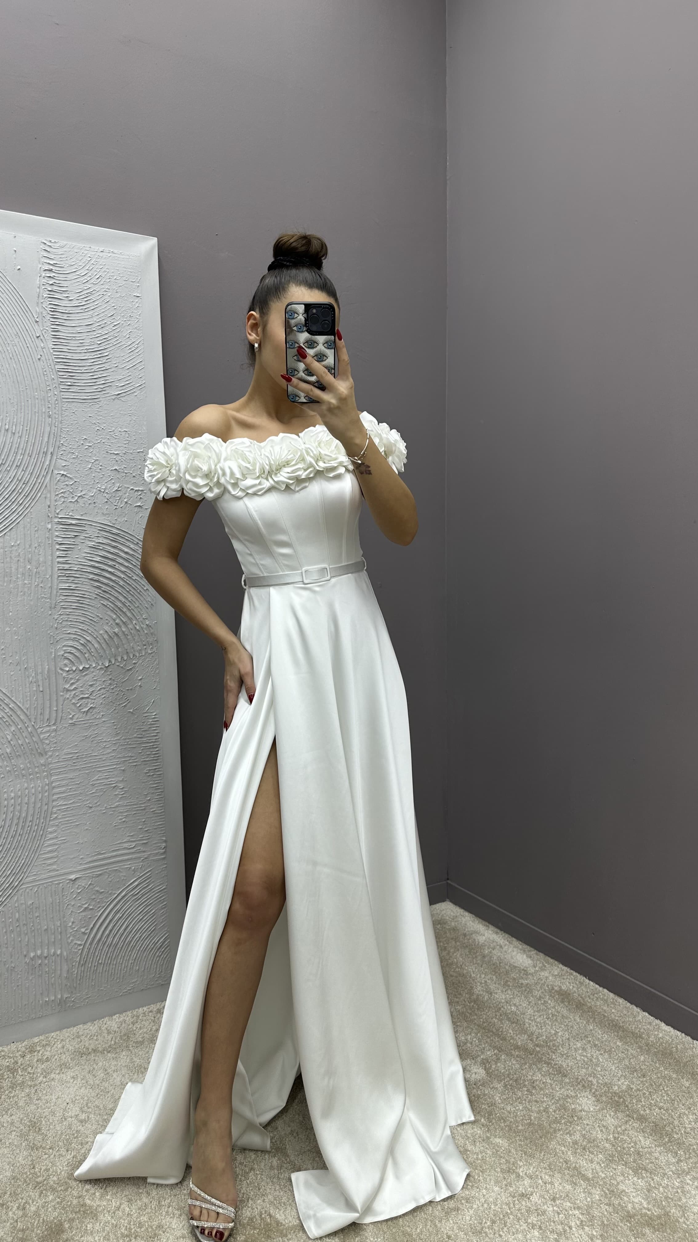 CHEST ROSE DETAIL DESIGN SATIN EVENING DRESS