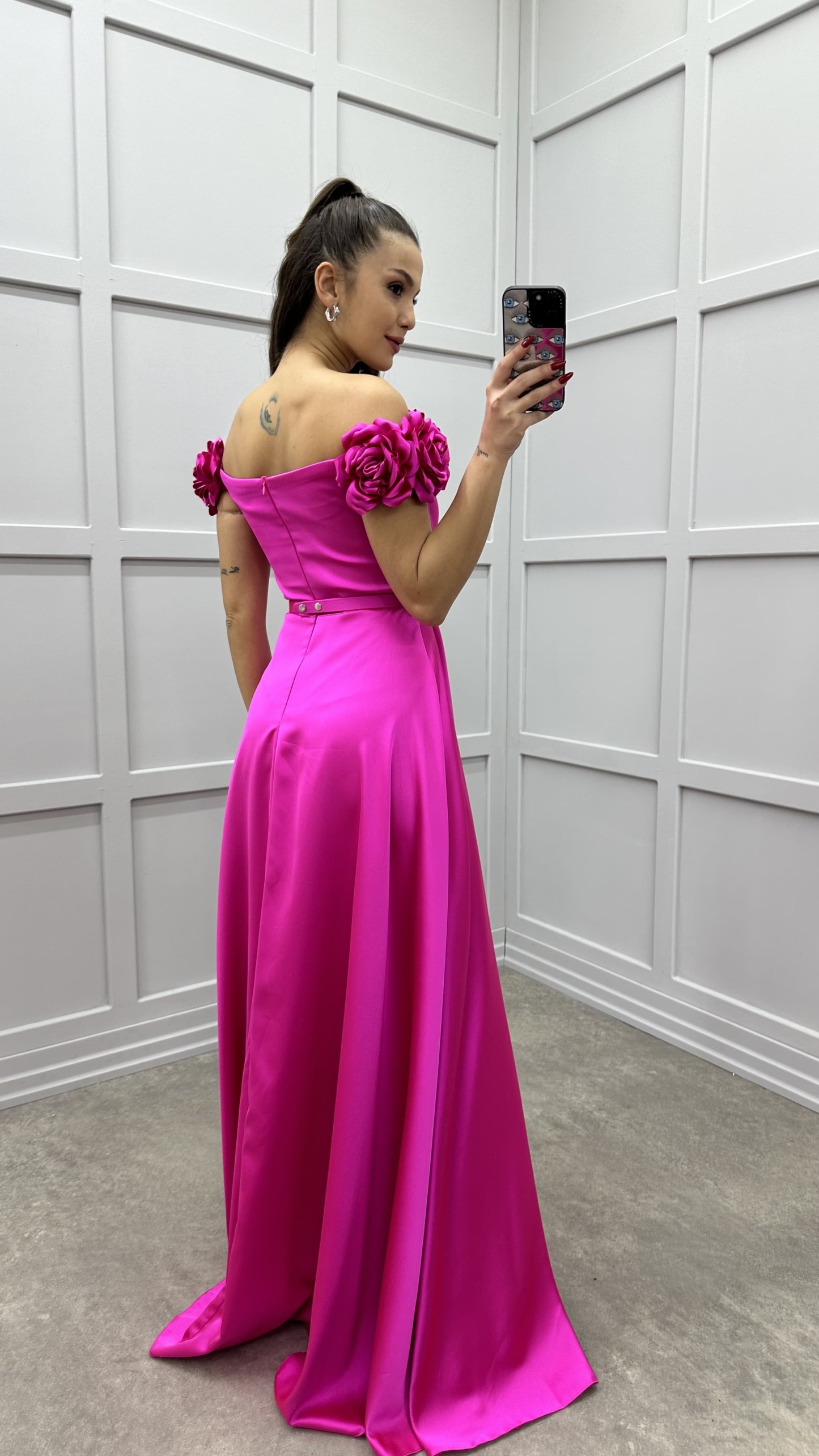 CHEST ROSE DETAIL DESIGN SATIN EVENING DRESS