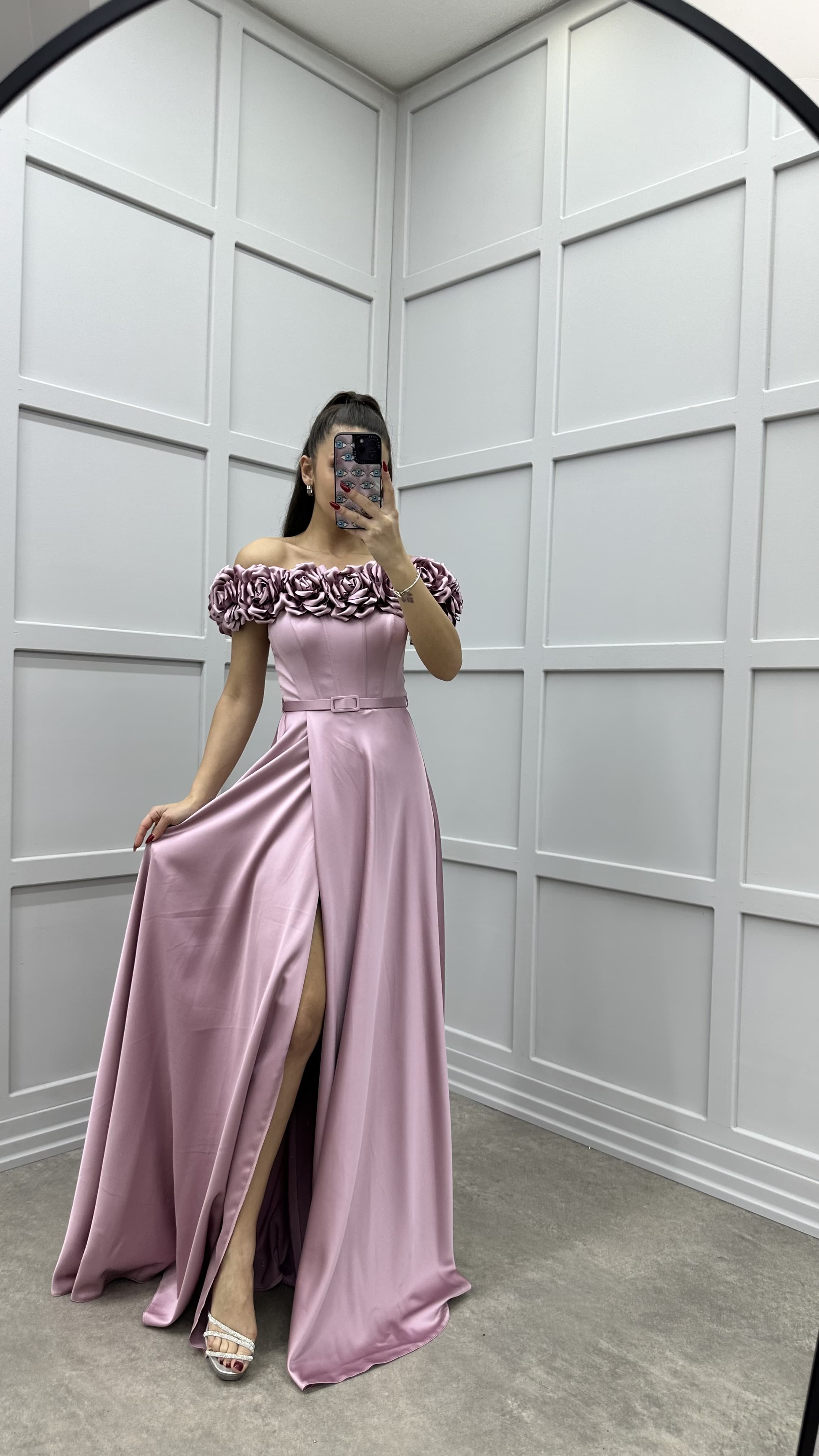 CHEST ROSE DETAIL DESIGN SATIN EVENING DRESS