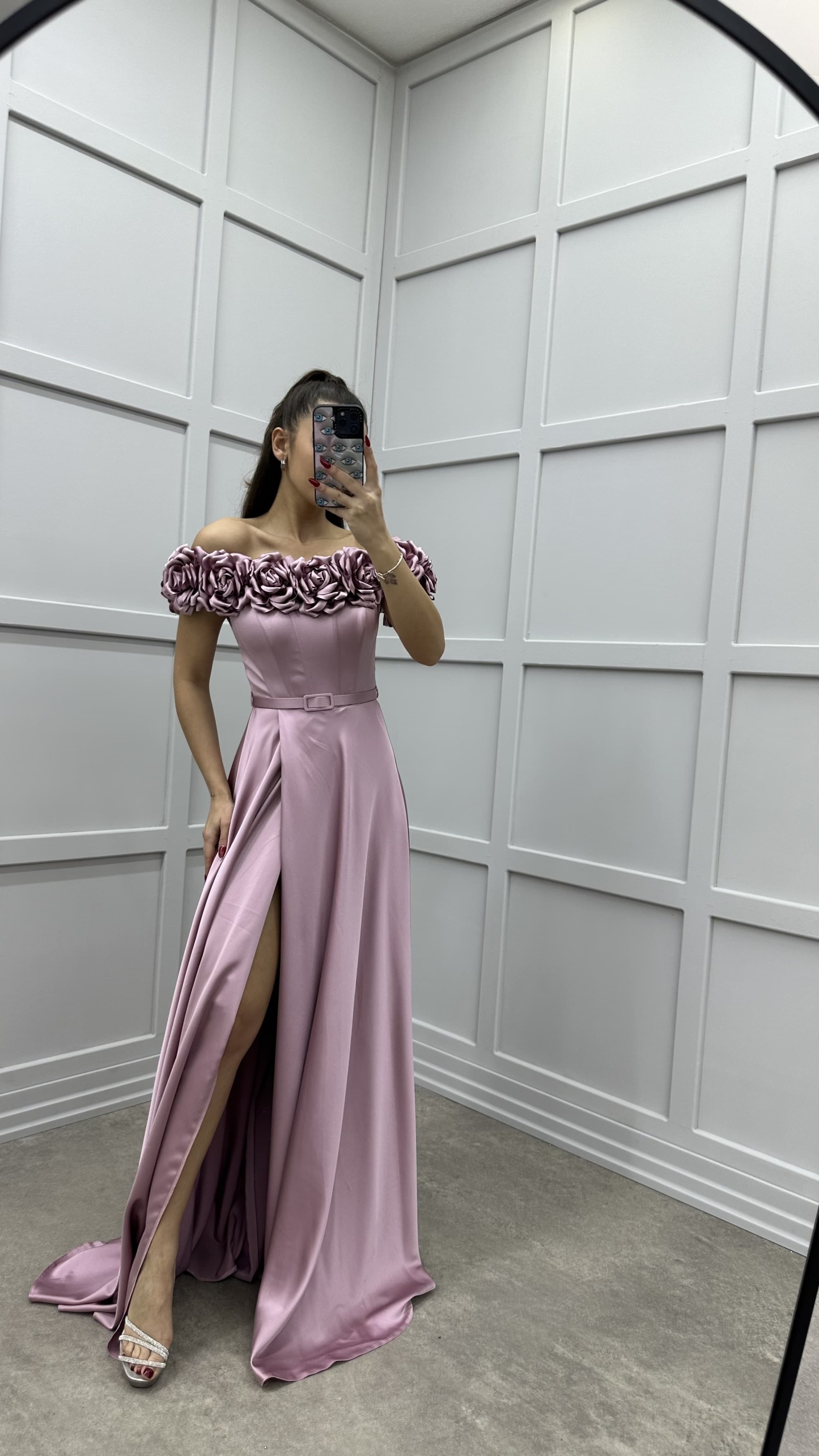 CHEST ROSE DETAIL DESIGN SATIN EVENING DRESS