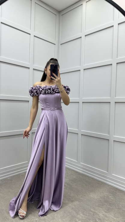 CHEST ROSE DETAIL DESIGN SATIN EVENING DRESS