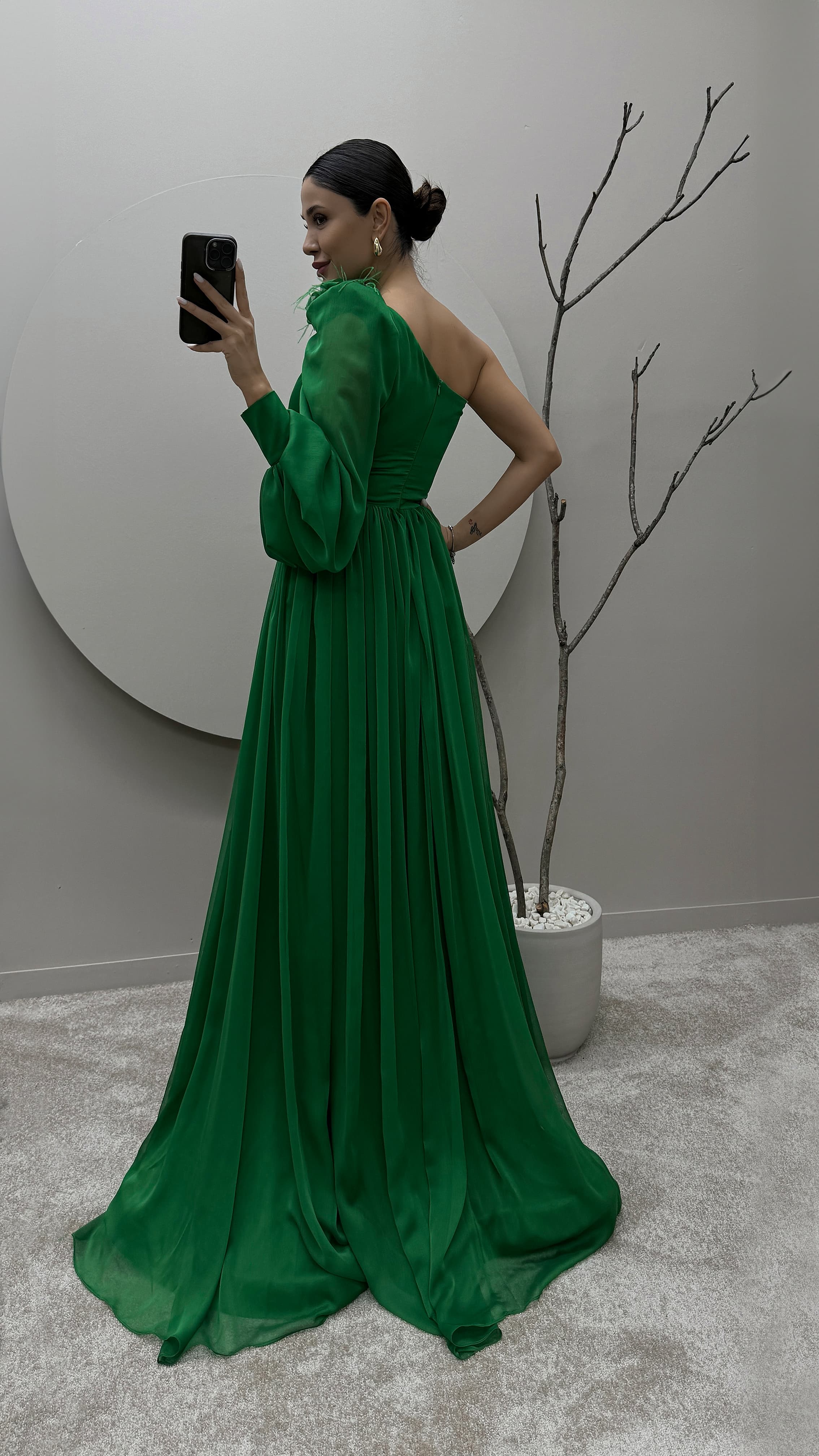 SINGLE SLEEVE SHOULDER AND WAIST ROSE DETAIL DESIGN DRESS