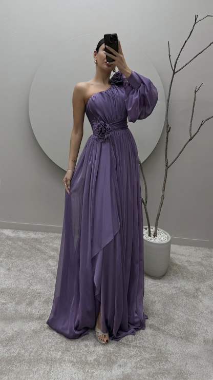 SINGLE SLEEVE SHOULDER AND WAIST ROSE DETAIL DESIGN DRESS