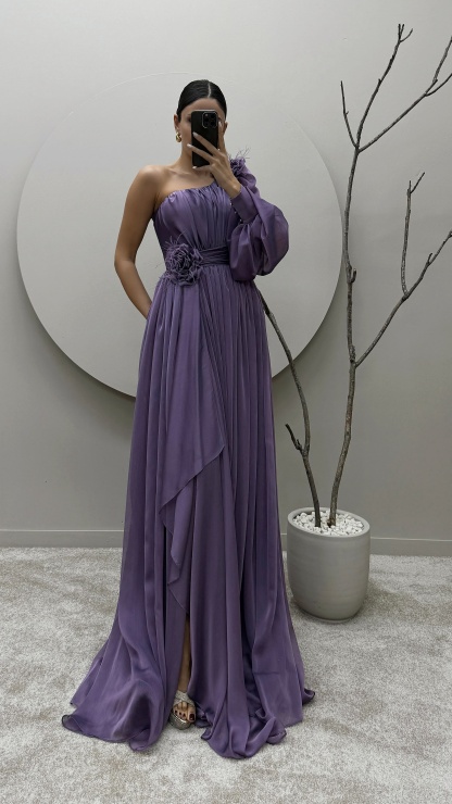 SINGLE SLEEVE SHOULDER AND WAIST ROSE DETAIL DESIGN DRESS