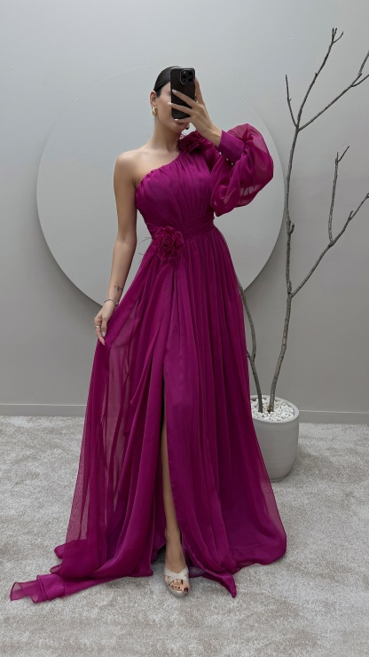 SINGLE SLEEVE SHOULDER AND WAIST ROSE DETAIL DESIGN DRESS