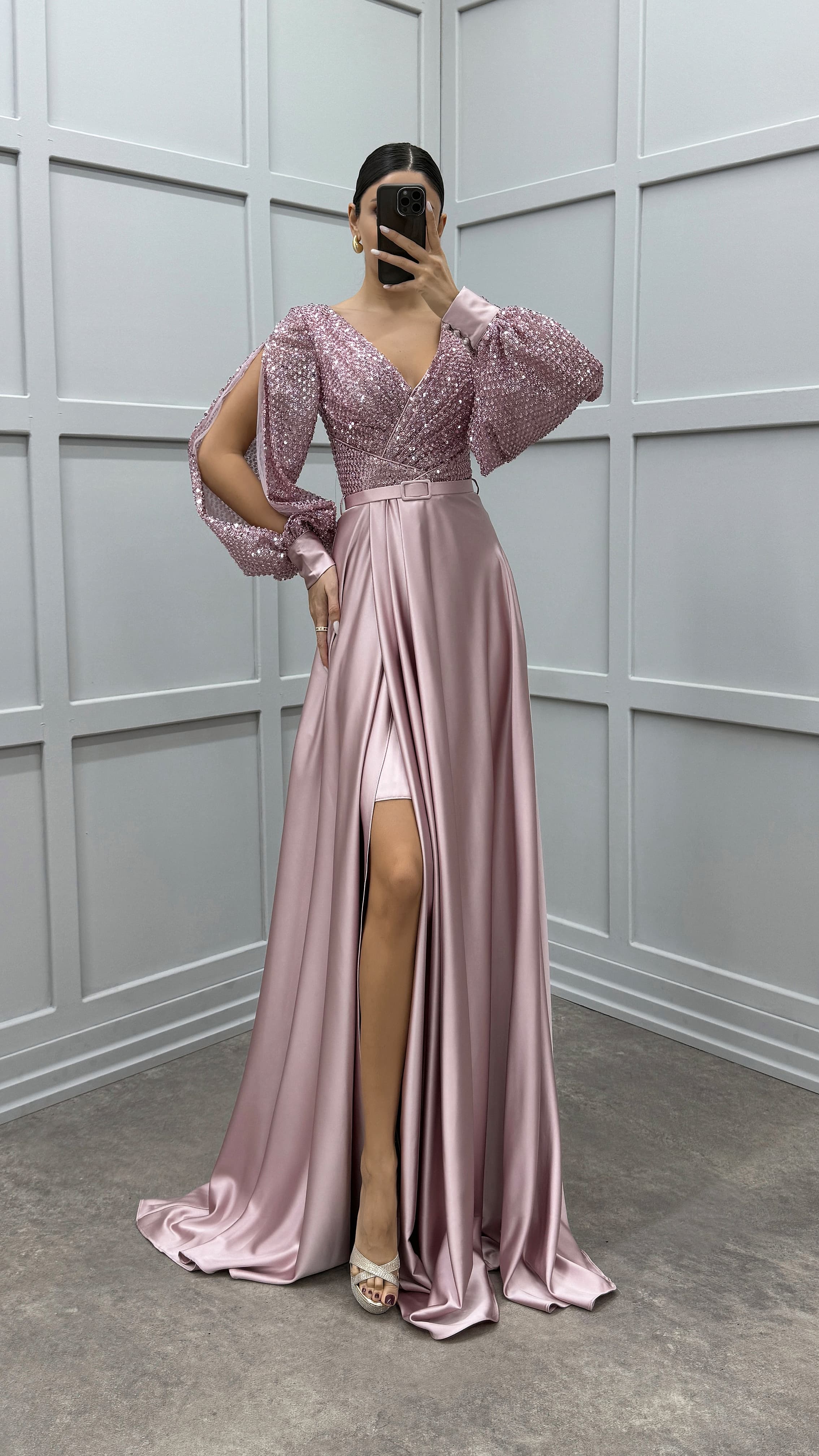BALLOON SLEEVE CHEST SEQUIN DESIGN SATIN EVENING DRESS