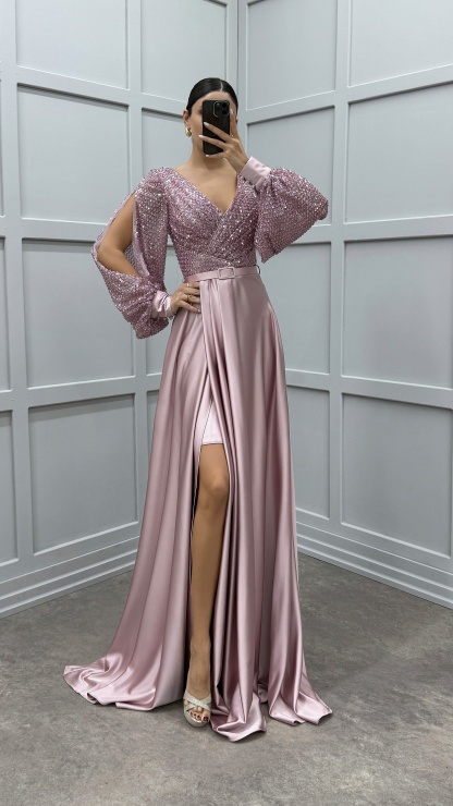 BALLOON SLEEVE CHEST SEQUIN DESIGN SATIN EVENING DRESS