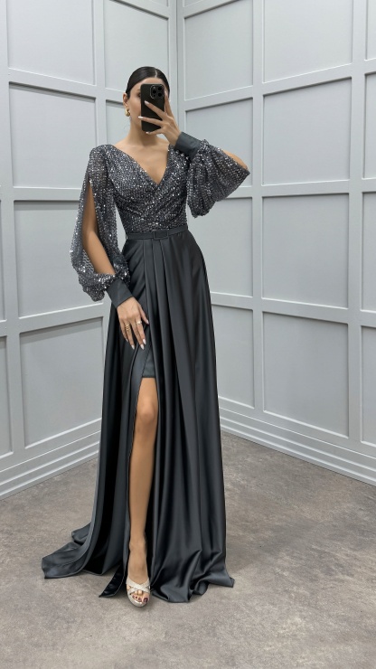 BALLOON SLEEVE CHEST SEQUIN DESIGN SATIN EVENING DRESS