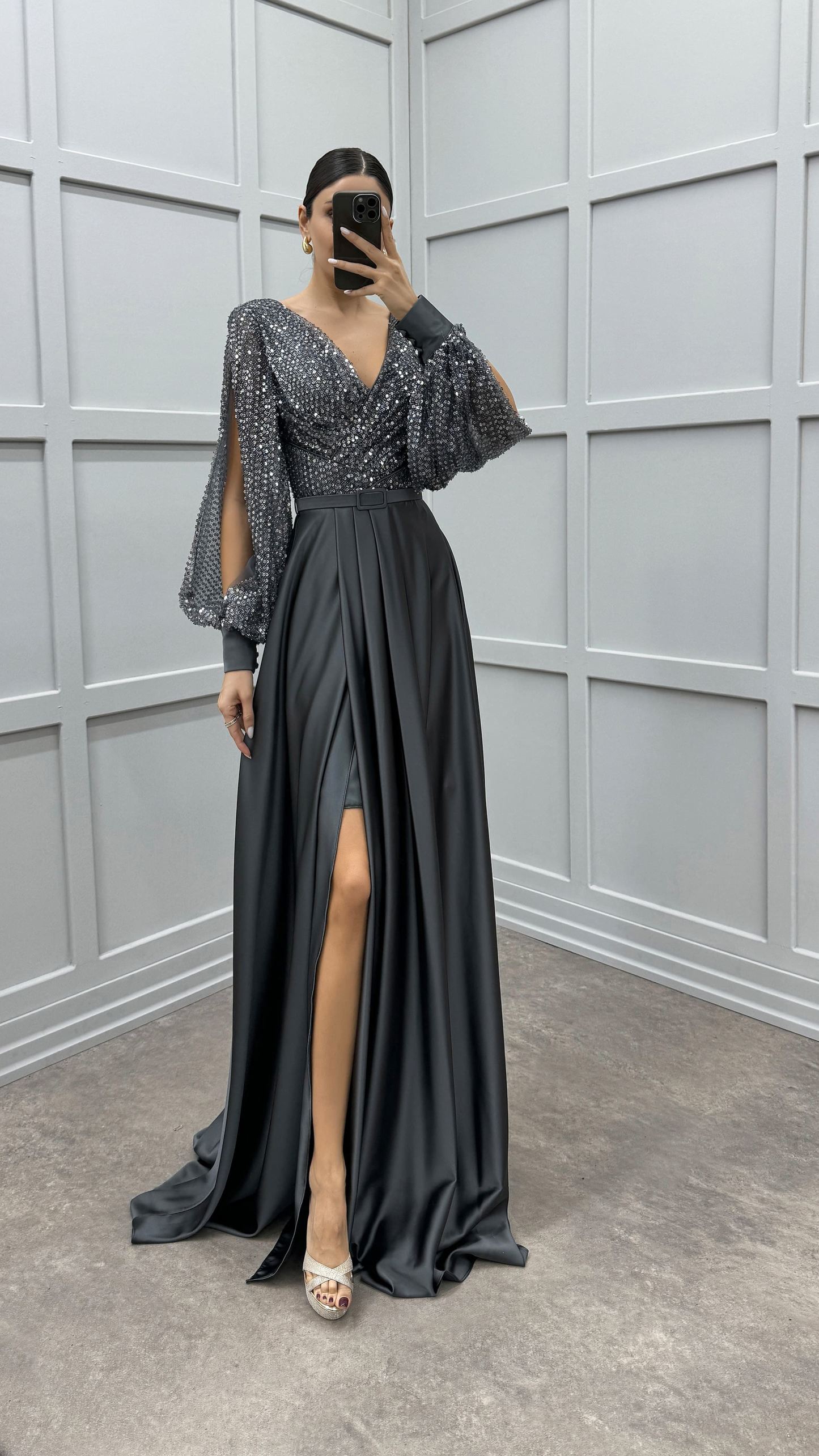 BALLOON SLEEVE CHEST SEQUIN DESIGN SATIN EVENING DRESS