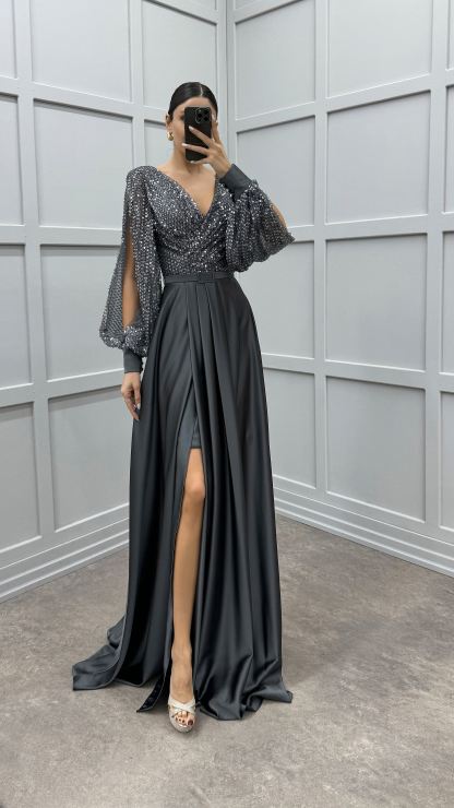 BALLOON SLEEVE CHEST SEQUIN DESIGN SATIN EVENING DRESS