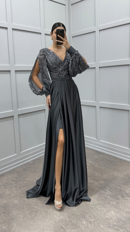 BALLOON SLEEVE CHEST SEQUIN DESIGN SATIN EVENING DRESS