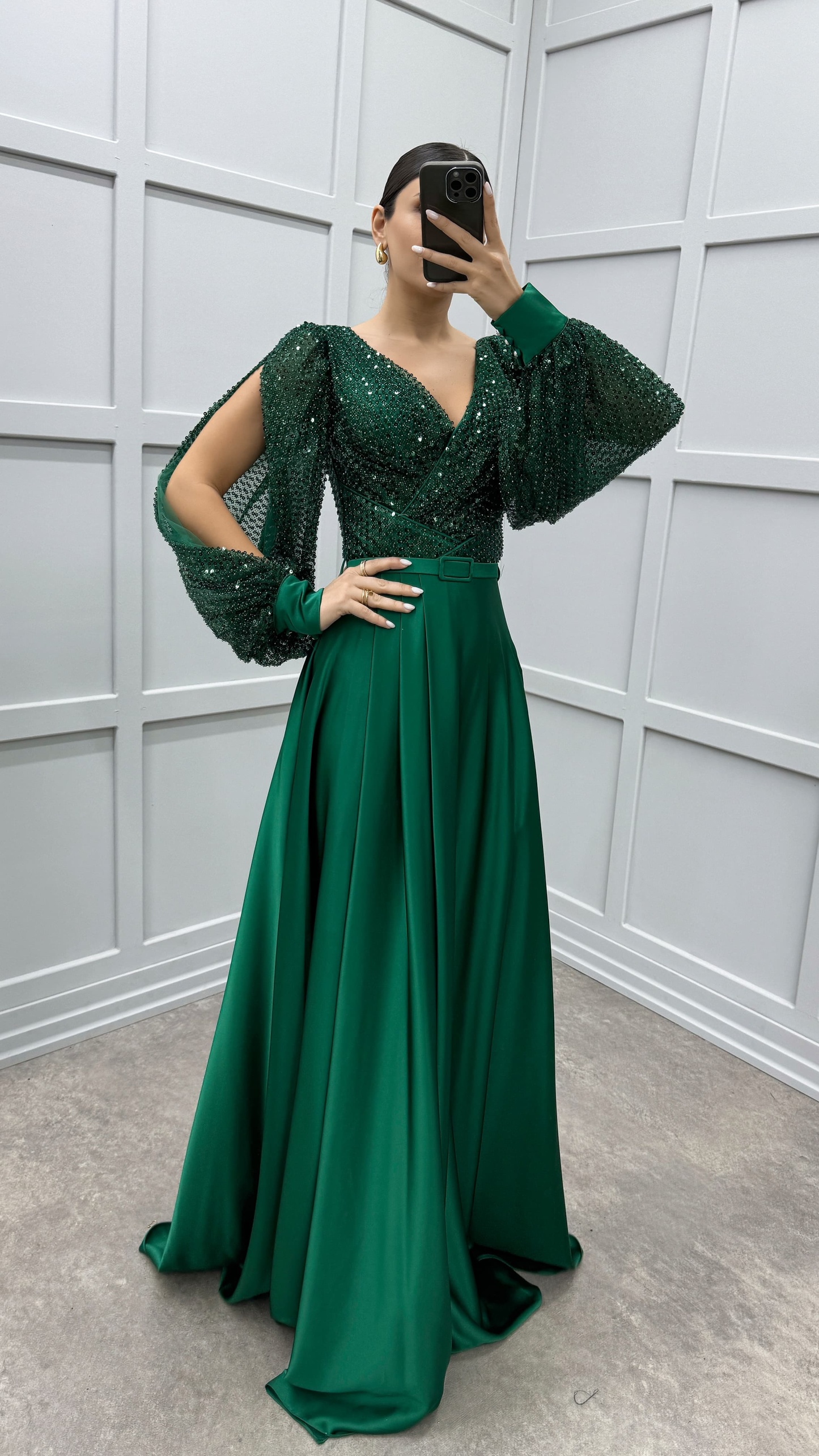 BALLOON SLEEVE CHEST SEQUIN DESIGN SATIN EVENING DRESS