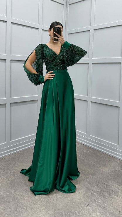 BALLOON SLEEVE CHEST SEQUIN DESIGN SATIN EVENING DRESS
