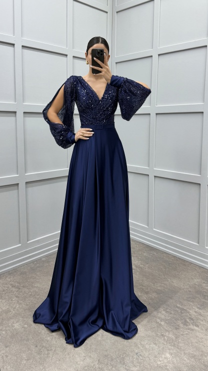 BALLOON SLEEVE CHEST SEQUIN DESIGN SATIN EVENING DRESS