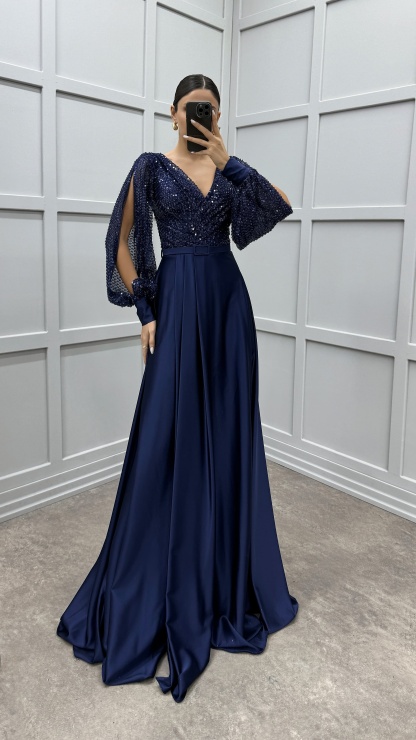 BALLOON SLEEVE CHEST SEQUIN DESIGN SATIN EVENING DRESS