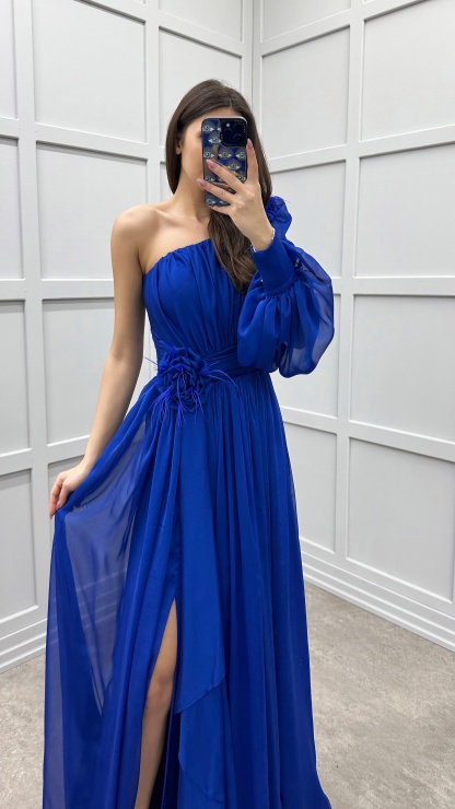 SINGLE SLEEVE SHOULDER AND WAIST ROSE DETAIL DESIGN DRESS