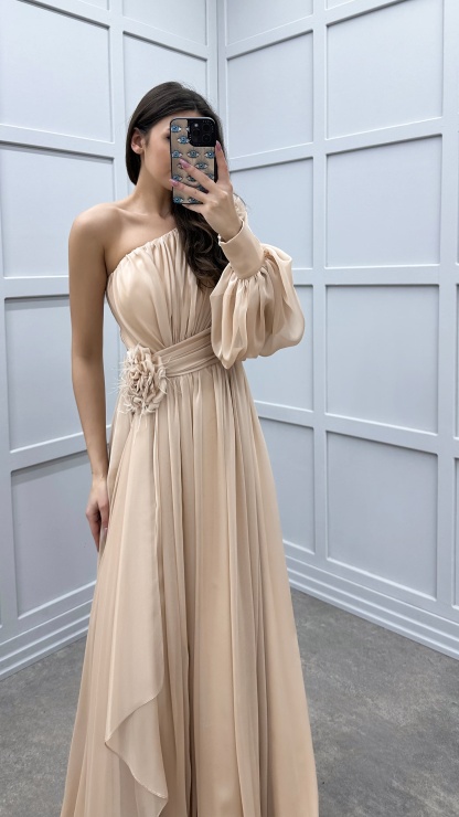 SINGLE SLEEVE SHOULDER AND WAIST ROSE DETAIL DESIGN DRESS