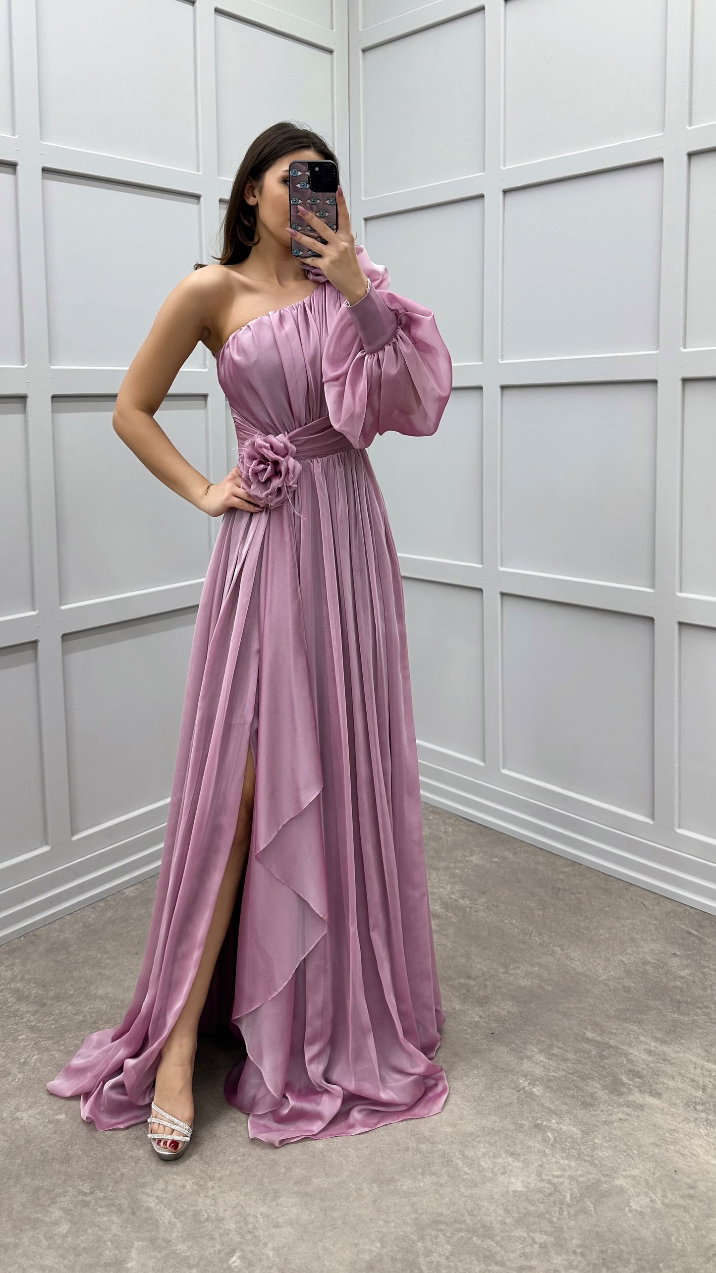 SINGLE SLEEVE SHOULDER AND WAIST ROSE DETAIL DESIGN DRESS