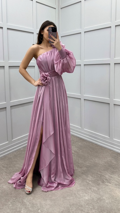 SINGLE SLEEVE SHOULDER AND WAIST ROSE DETAIL DESIGN DRESS