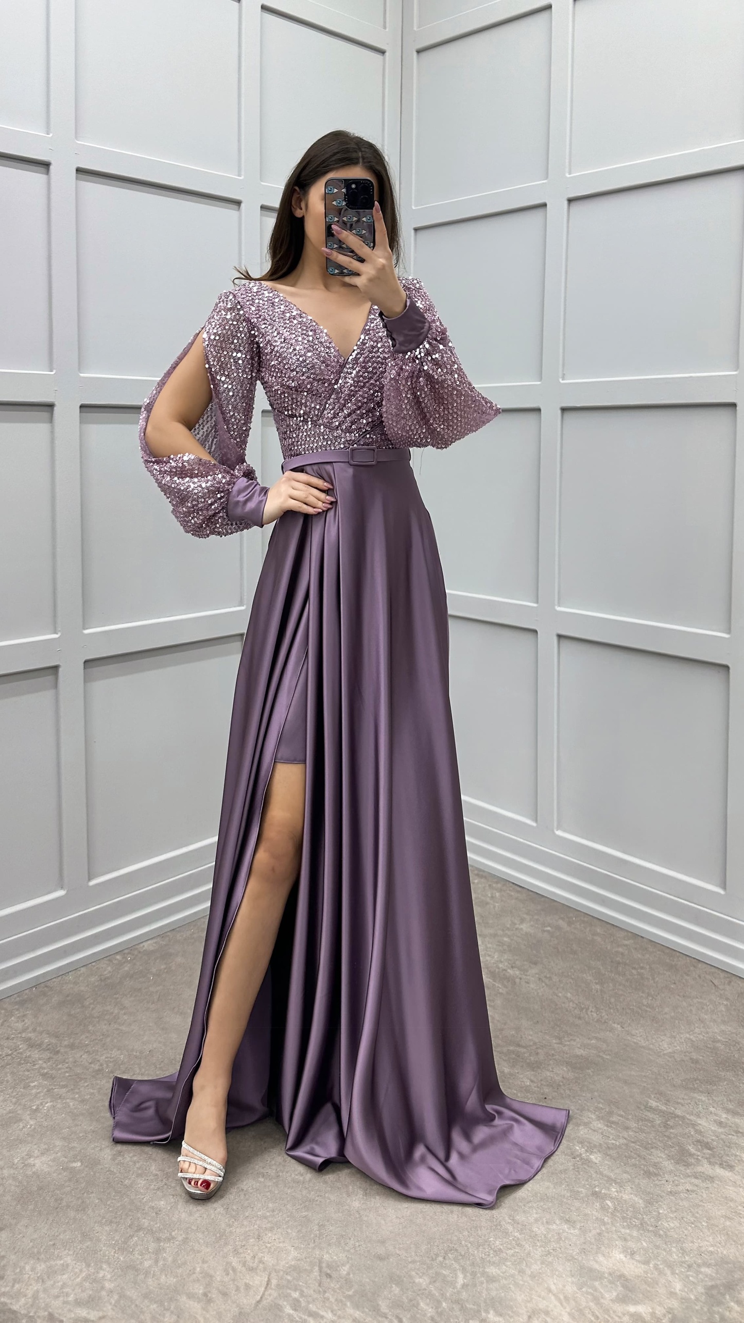 BALLOON SLEEVE CHEST SEQUIN DESIGN SATIN EVENING DRESS