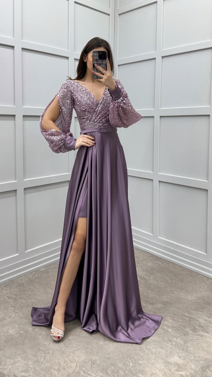 BALLOON SLEEVE CHEST SEQUIN DESIGN SATIN EVENING DRESS