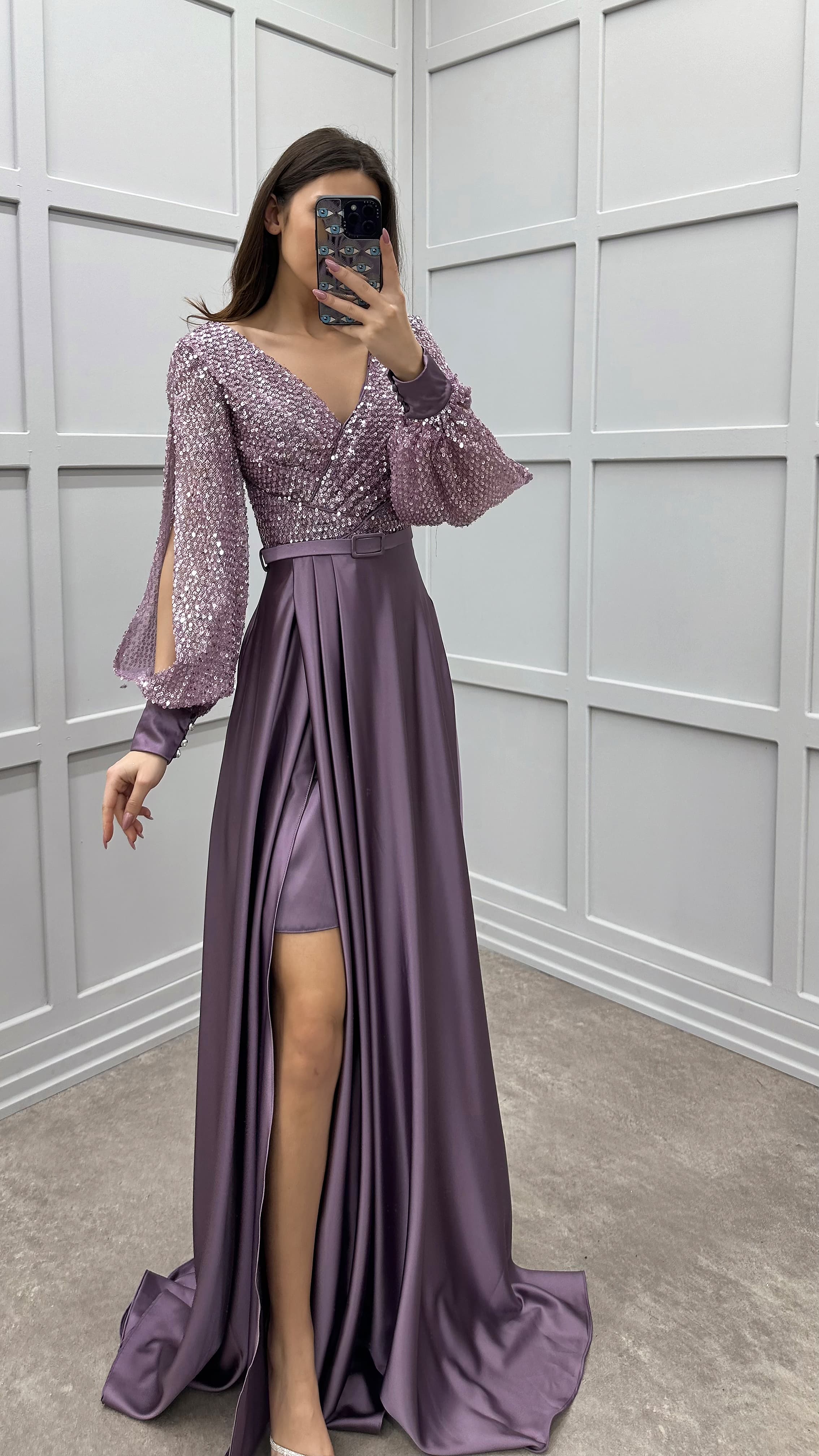 BALLOON SLEEVE CHEST SEQUIN DESIGN SATIN EVENING DRESS